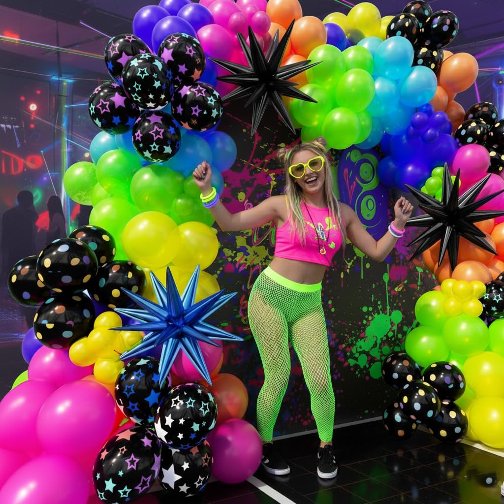 PTGOLUO 185Pcs Neon Balloons Arch Garland Kit with Glow in the Dark Balloons, Neon Balloons Arch Kit for Back to 80s 90s DISCO Birthday Party Decorations, Let's Glow Party, Rock Roll Party Supplies