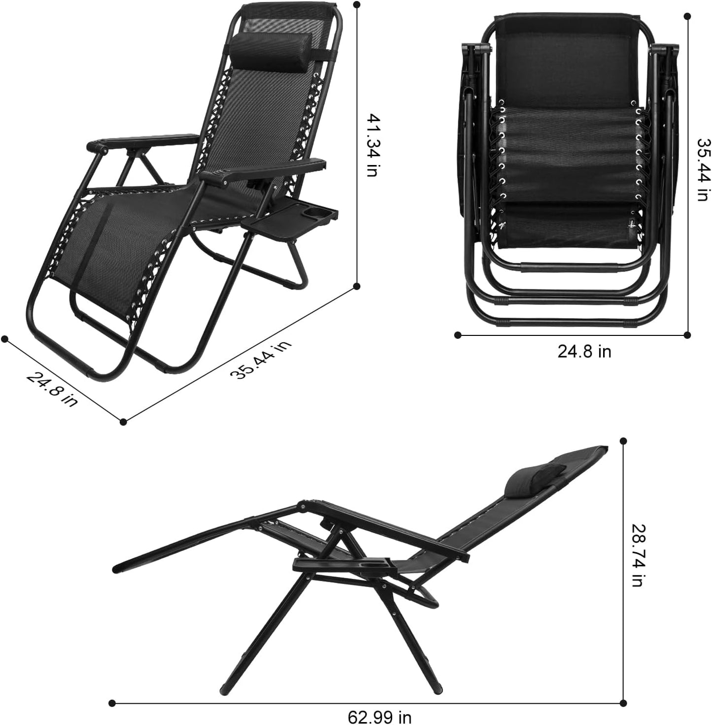 SZHLUX Adjustable Steel Mesh Zero Gravity Lounge Chair Set - 2 Recliners with Pillows & Cup Holders