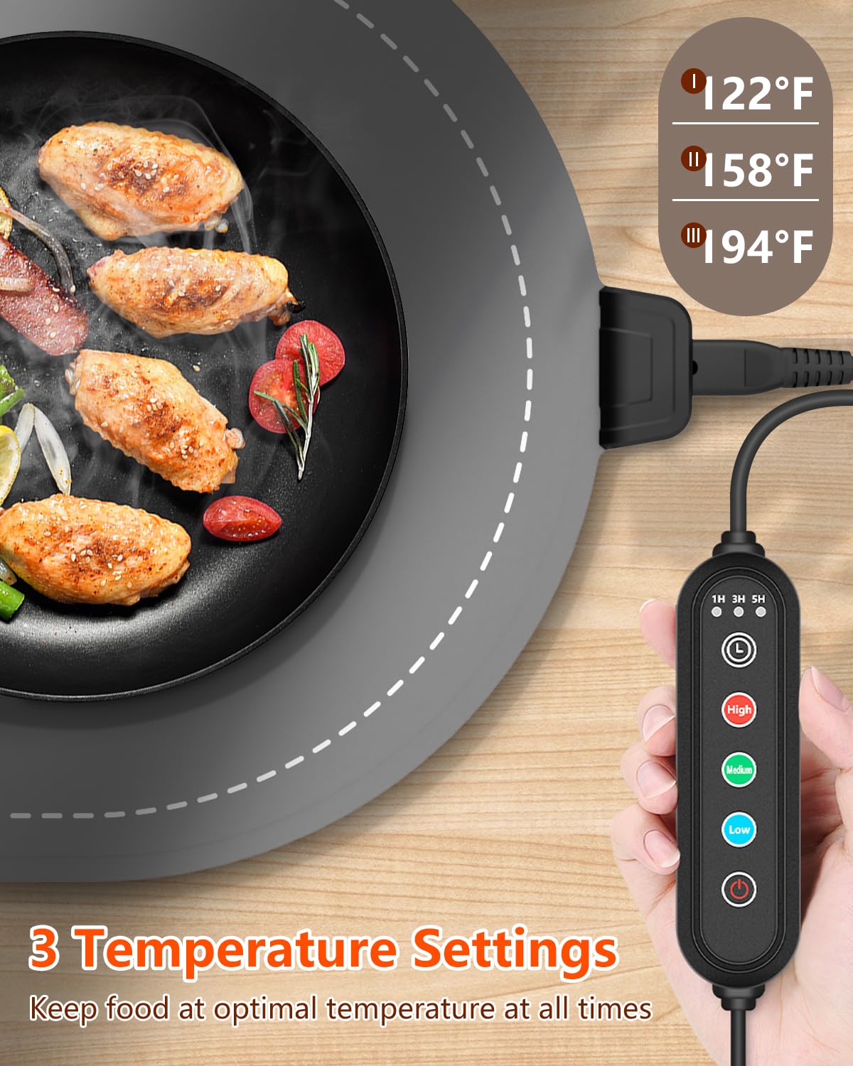 seenlast Warming Mat for Food with Adjustable Temperature Timer,10S Fast Heating Silicone Food Warmers for Parties Buffet and Home Daily,Food Warming Mat with Insulating Pad Raised Feet Protects Table