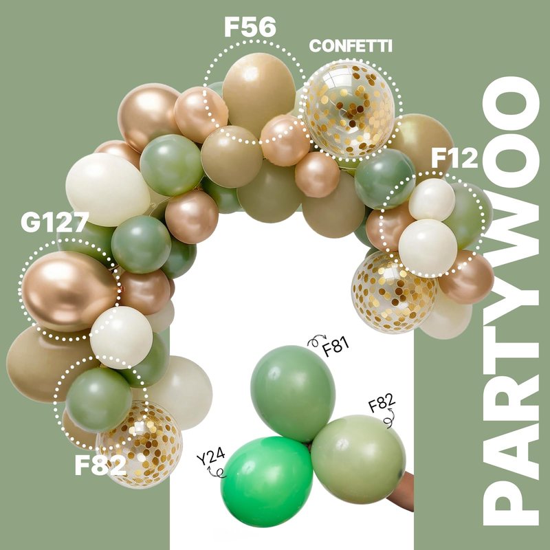 PartyWoo Sage Green Balloons 65pcs 12 Inch Metallic Gold Sand White Light Brown Gold Confetti Balloons for Baby Shower Wedding Engagement Jungle Woodland Forest Birthday Party Decorations