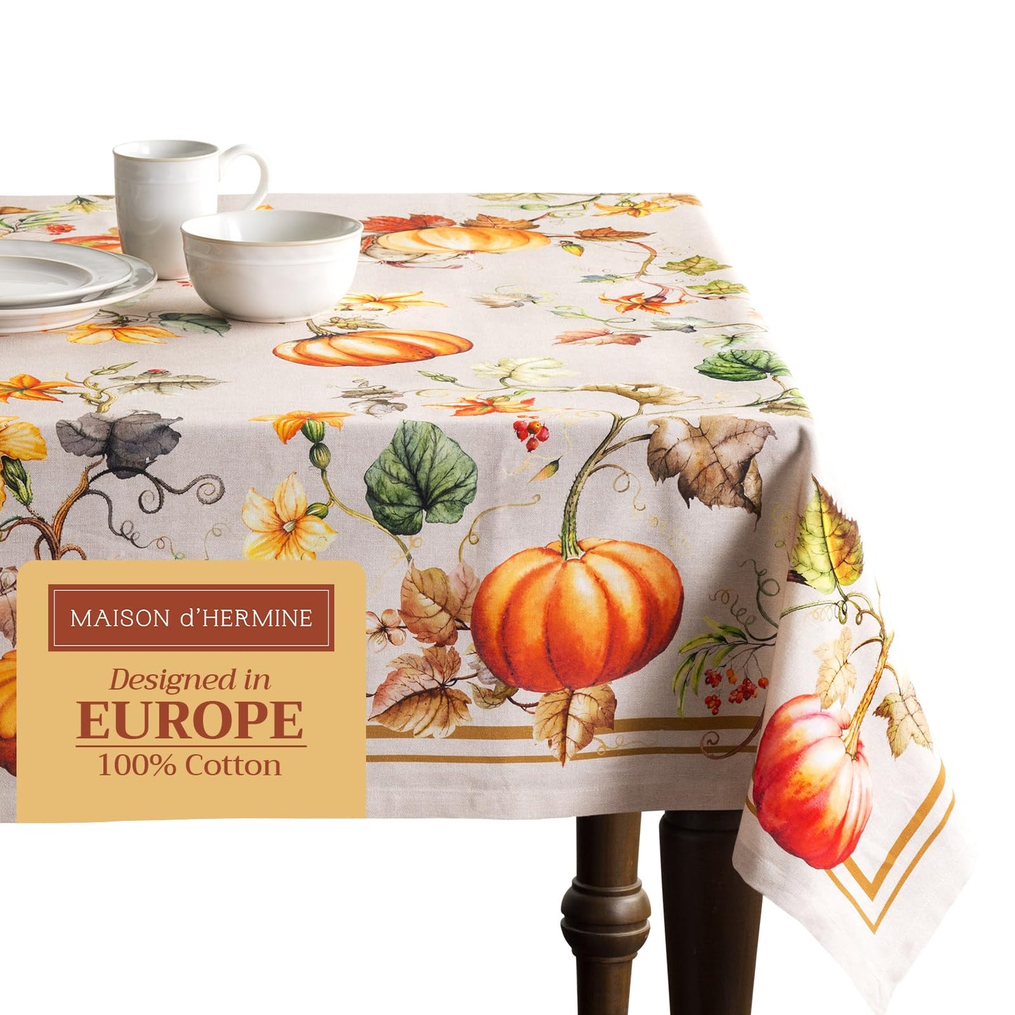 Maison d' Hermine Table Cloth Rectangle Table 100% Cotton 70 x 120 Inches Fall Tablecloth Reusable Everyday Use for Thanksgiving Christmas Decorations Dining Farmhouse Party (Potiron)