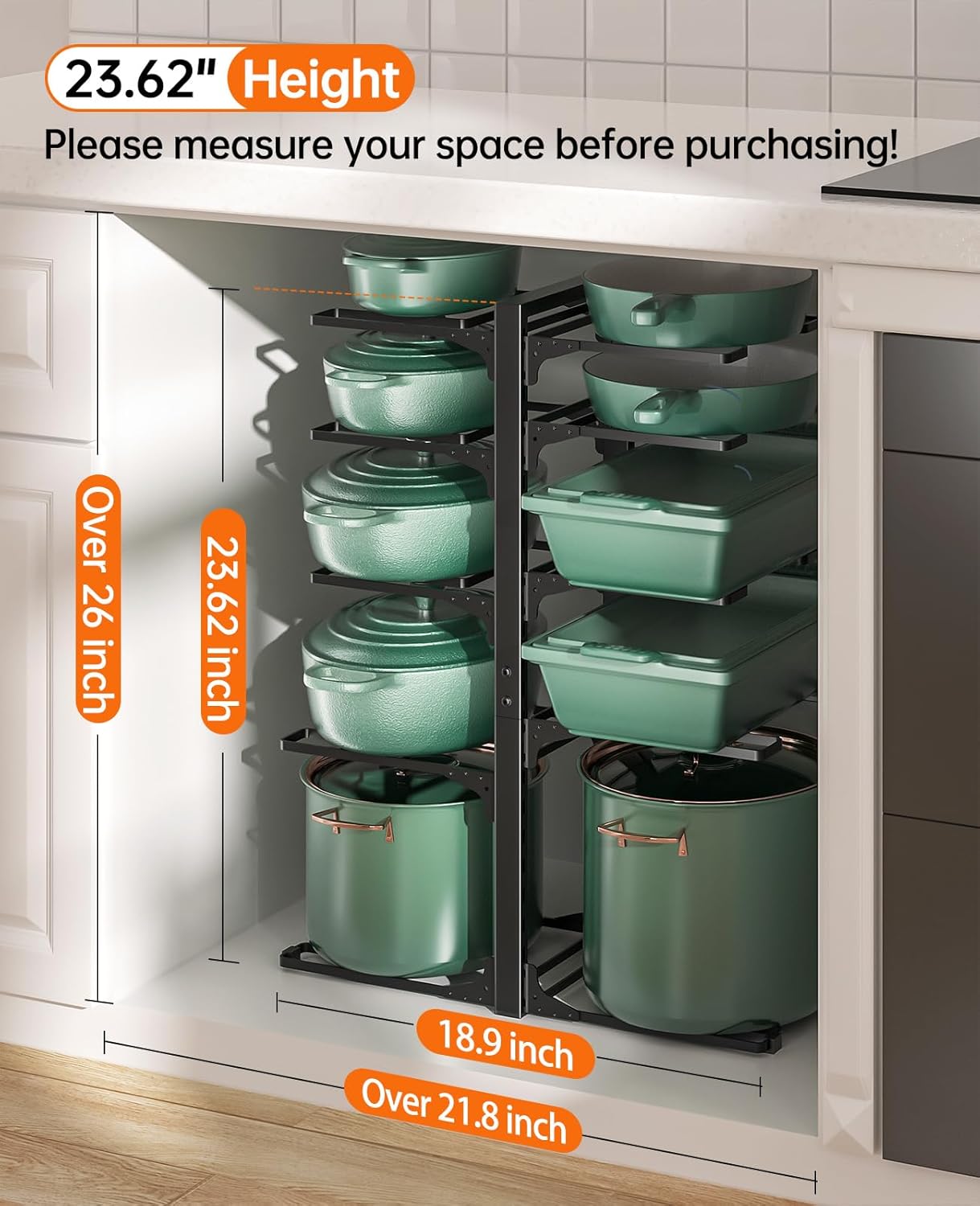 ORDORA 10-Tier Pots and Pans Organizer - Heavy-Duty Under Cabinet Storage Rack | Adjustable Kitchen Organizer