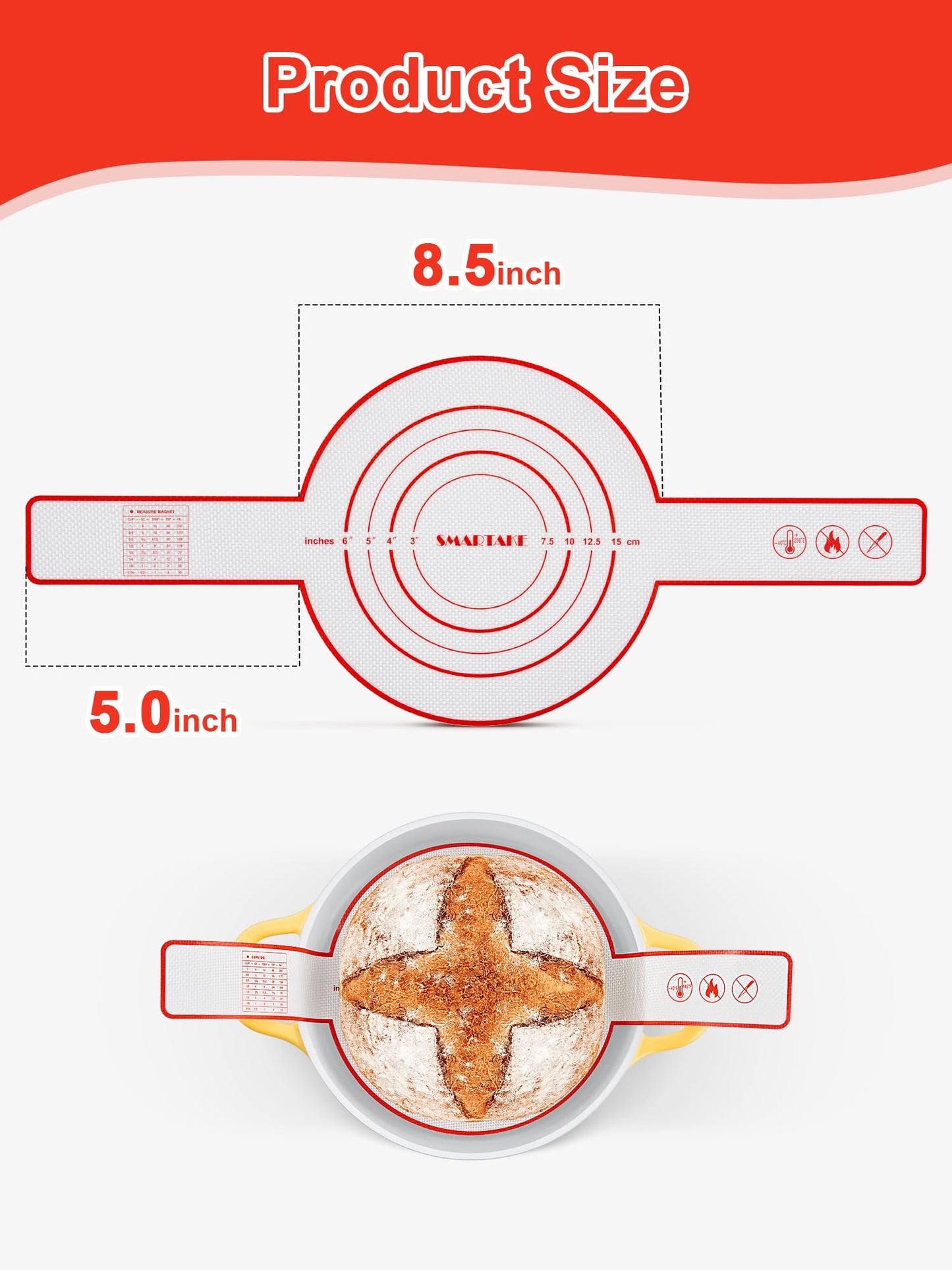 SMARTAKE 1-Pack Silicone Bread Sling for Dutch Oven, Reusable Bread Baking Mat with Long Handle, Include Spatula, Non-Stick Easy Cleaning Bread Baking Sheet Liner for Transferable Dough Pastry (Red)
