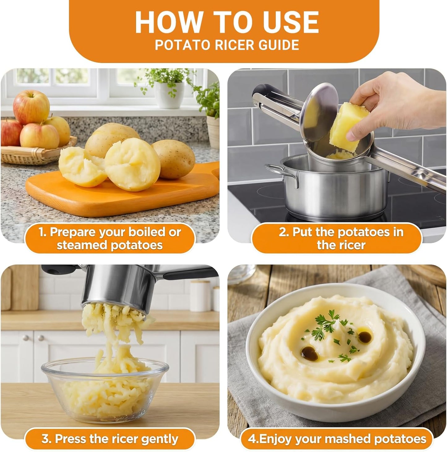 Skiennix 15oz Potato Ricer - Heavy Duty Stainless Steel with 4 Interchangeable Discs & Ergonomic Handle