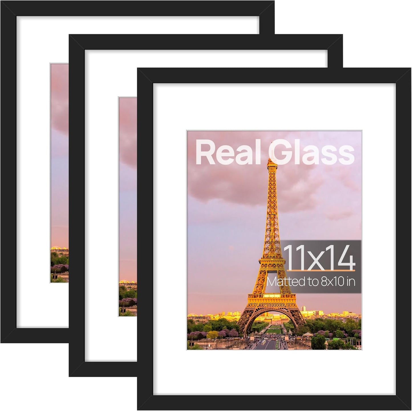 Upsimples 11x14 Picture Frame Set of 3 - High Definition Glass for 8x10 or 11x14 Photos | Black Display Frames