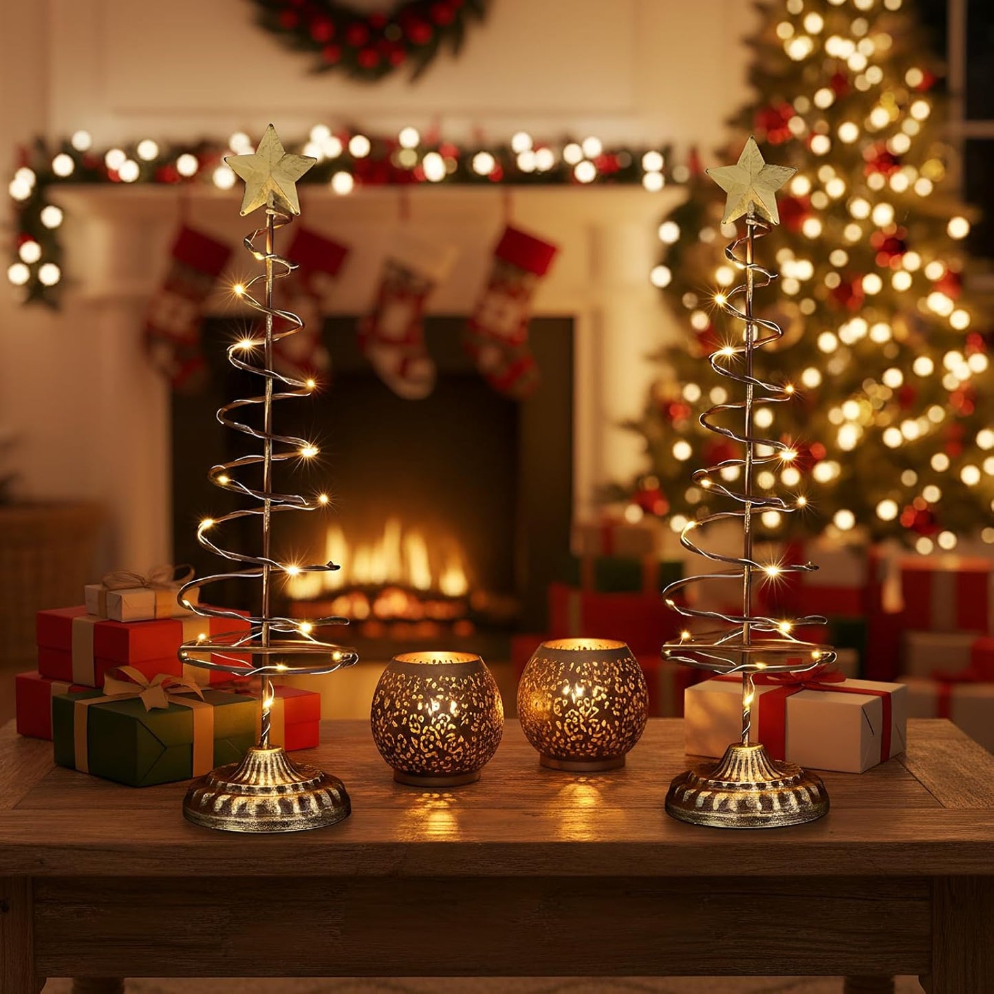 Skiennix Lighted Christmas Tree Table Decoration - Set of 2 Prelit Mini Trees with Golden Star | Battery Operated, Gold