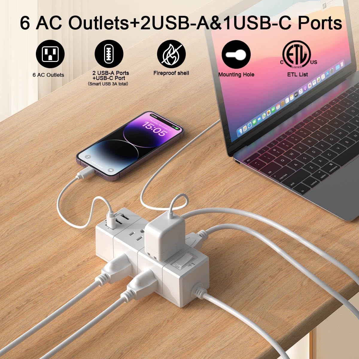 Tcstei 5Ft Outlet Extender Power Strip - Flat Plug with 6 Outlets & 3 USB Ports (1 USB-C) | Wall Mount Design for Home & Dorm Essentials, White