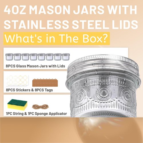 4 oz Glass Mason Jars with 18/8 Stainless Steel Lids, 8-Pack Small Canning Jars with Embossed Pattern, Mini Glass jars for Jams, Jelly, Honey, Spices, Desserts, Wedding Favors and Gift Packaging