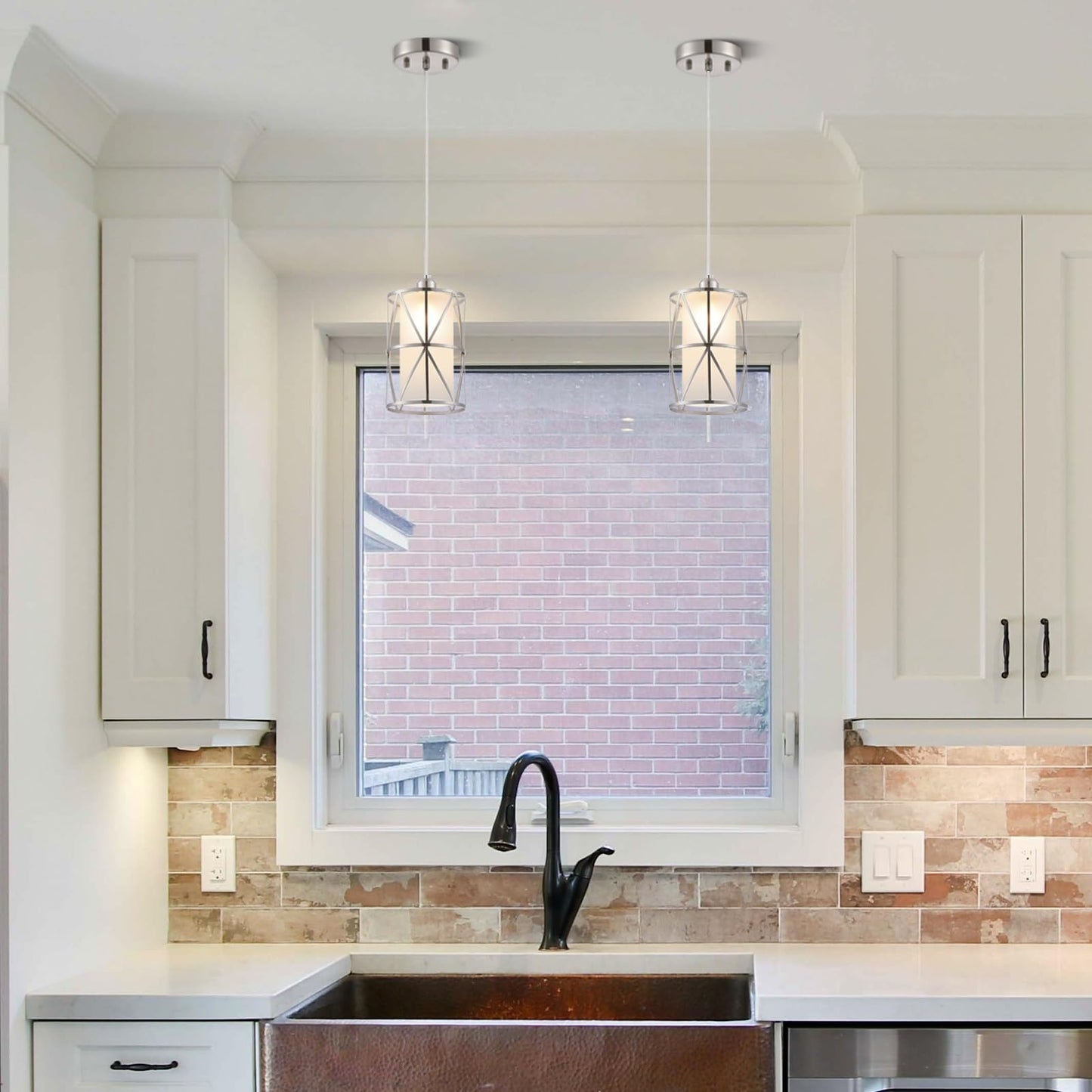 Zlierop Pendant Light with Frosted Glass, Modern Pendant Lights Kitchen Island, Brushed Nickel Pendant Light Fixtures, Cylindrical Pendant Lighting for Kitchen Island, Dining Room, Foyer