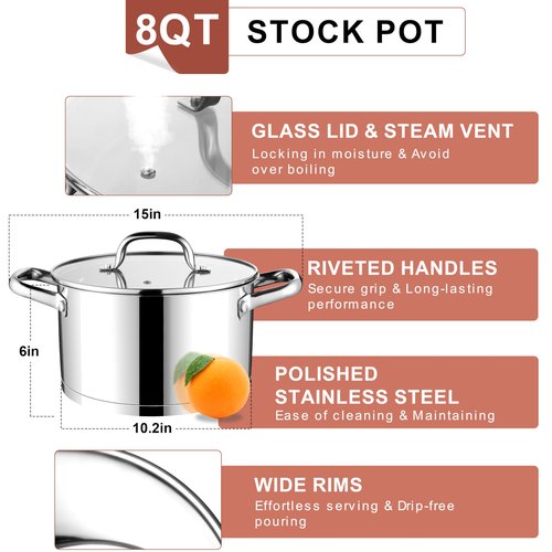 E-far Stainless Steel Stock Pot, 8 Quart Tri-ply Base Cooking Pot with Glass Lid, Induction Soup Pot Compatible with All Stoves, Nontoxic & Thick Bottom, Oven & Dishwasher Safe