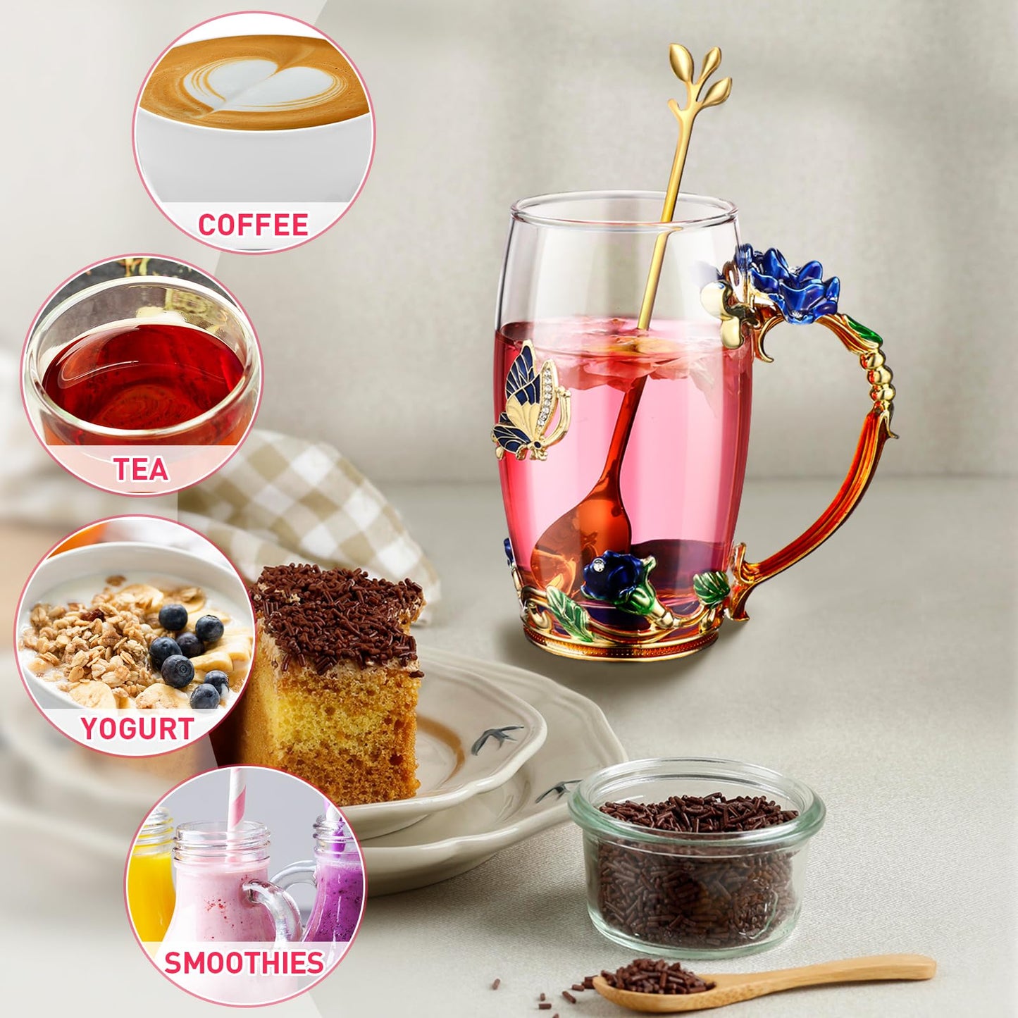 Mimorou 4 Pcs Butterfly Glass Tea Cups Sets for Mother's Day Tea Cup with Spoon Glass Mugs Flower Cup for Mother Gifts Women Clear Rose Coffee Cups Birthday Gifts Female Friend