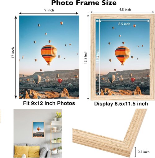 JCJMY 9x12 Picture Frame - Versatile Wall Hanging Design with Shatter-Resistant Plexiglass | Natural Finish