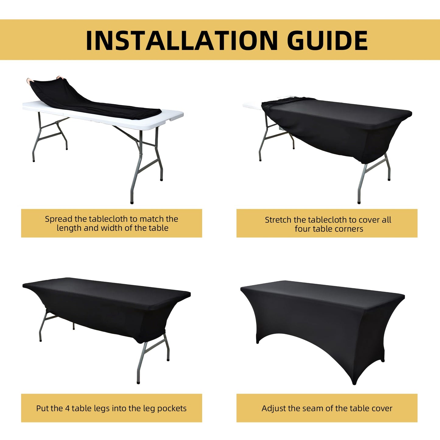 ZarzaaSik 6-Pack 4ft Spandex Black Table Covers for Rectangular Folding Tables - Wrinkle Resistant Stretch Tight Table Cloths - Ultimate Fitted Table Protector for Parties, Trade Shows, and Wedding