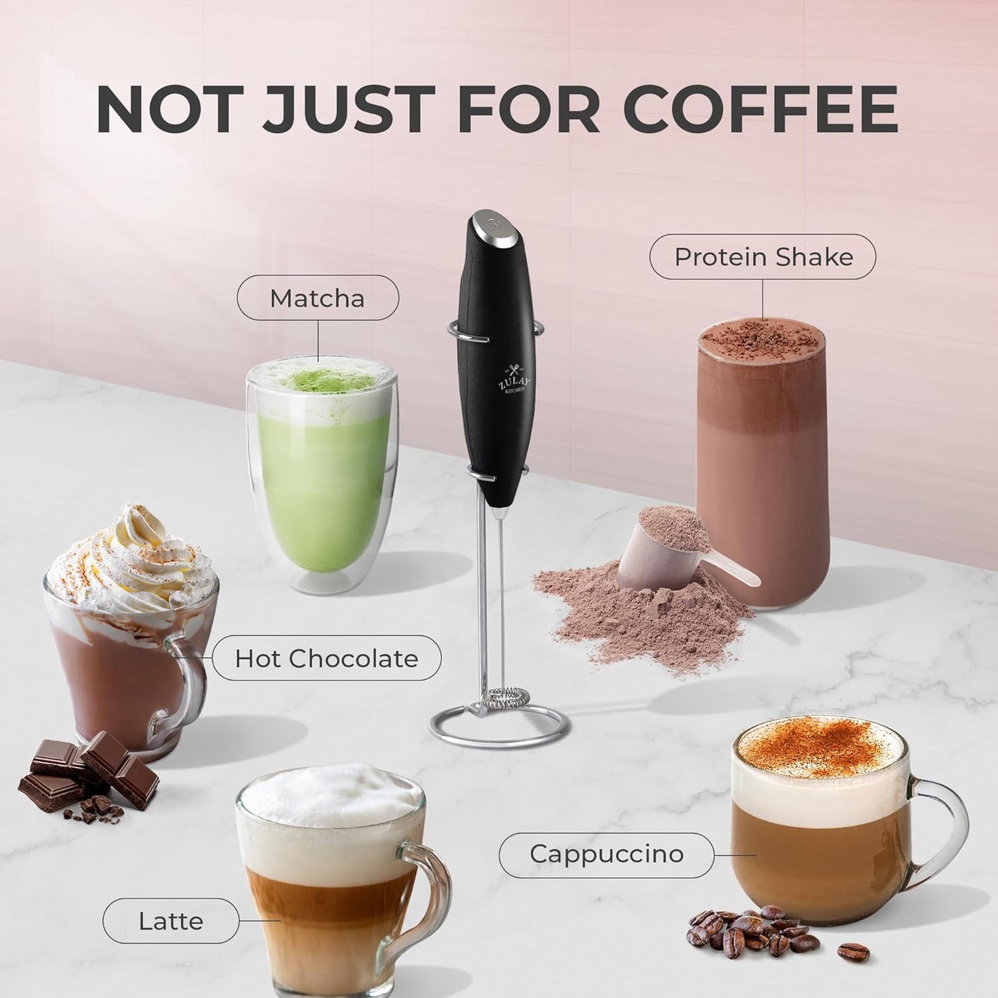 Zulay Kitchen Milk Frother Wand - Ultra-Fast Handheld Drink Mixer with 4 AA Duracell Batteries | Metallic Black