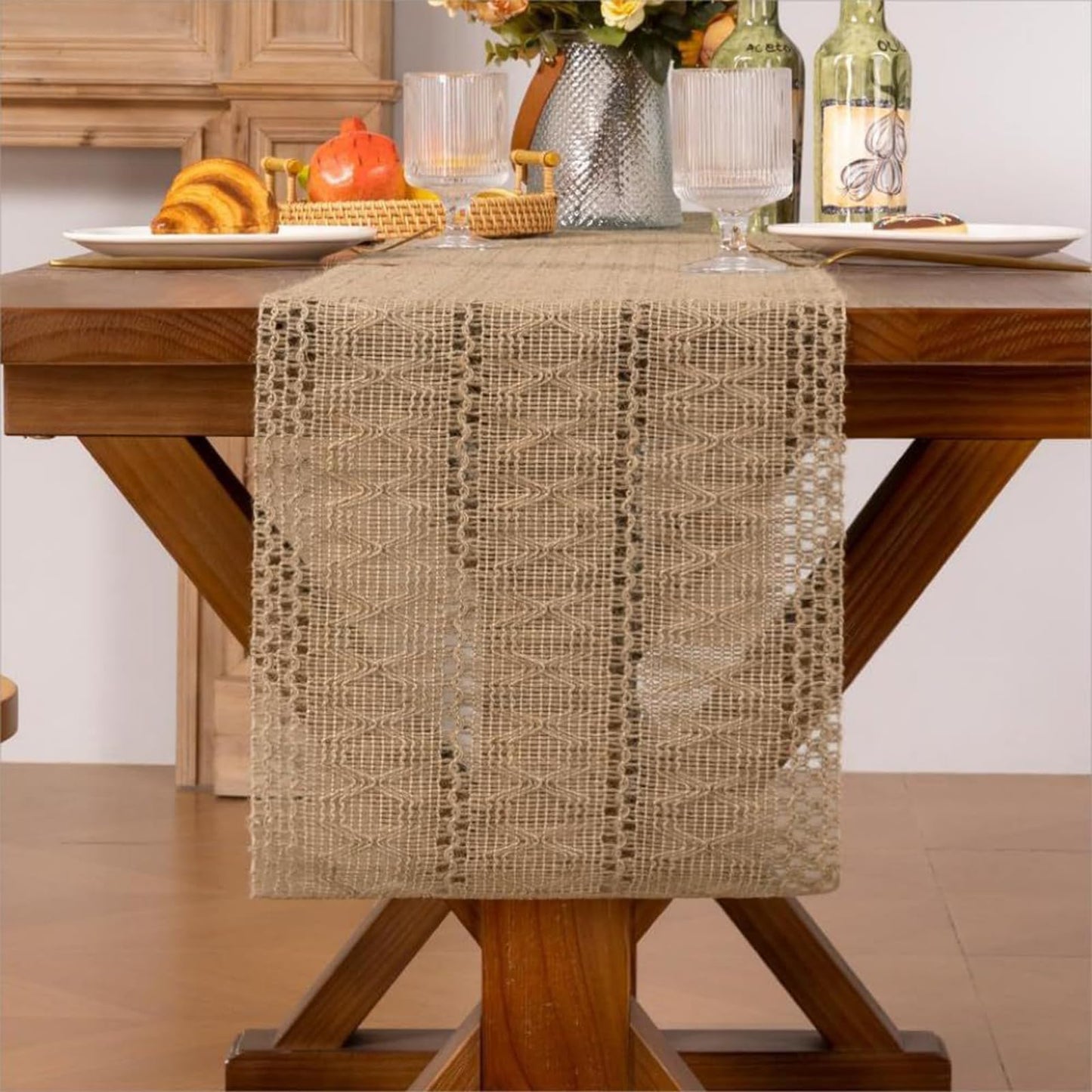 Niviy Burlap Boho Table Runner for Summer Home Decor 72 Inches Long, Brown Farmhouse Decor Rustic Small Macrame Woven Coffee Burlap Jute Table Runners for Fall Dining Dresser Scarf Table Decor