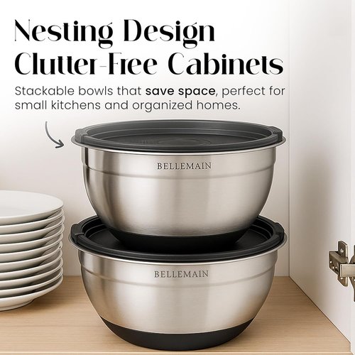 Bellemain Mixing Bowls Set - Stainless Steel Bowls with Airtight Lids | 3-Piece Kitchen Essentials
