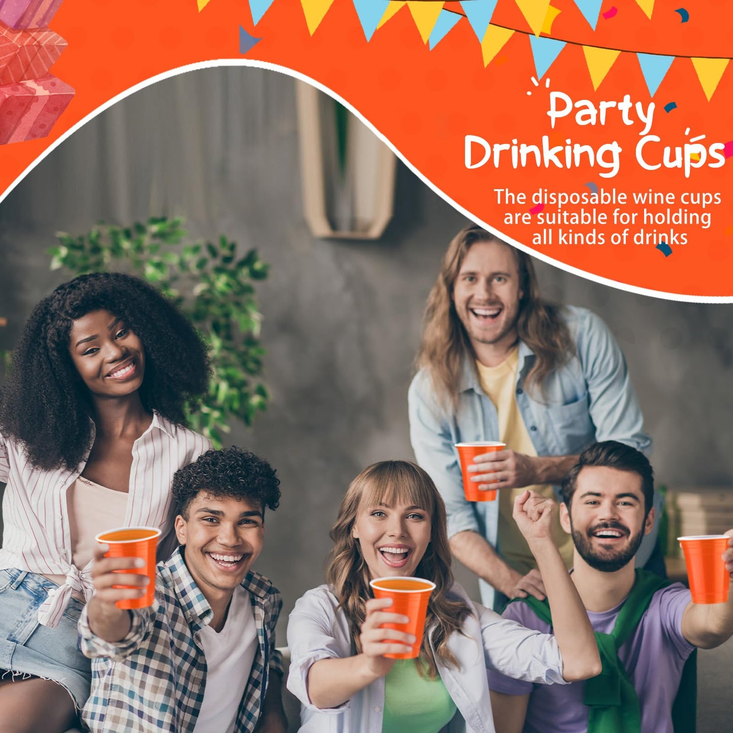 Sabary 100 Pack 12oz Plastic Cups Orange Graduation Heavy Duty Drinking Disposable Cups with Lines for Beverage Wedding Holiday Camping Barbecues Birthday Party Summer Outdoor Picnic