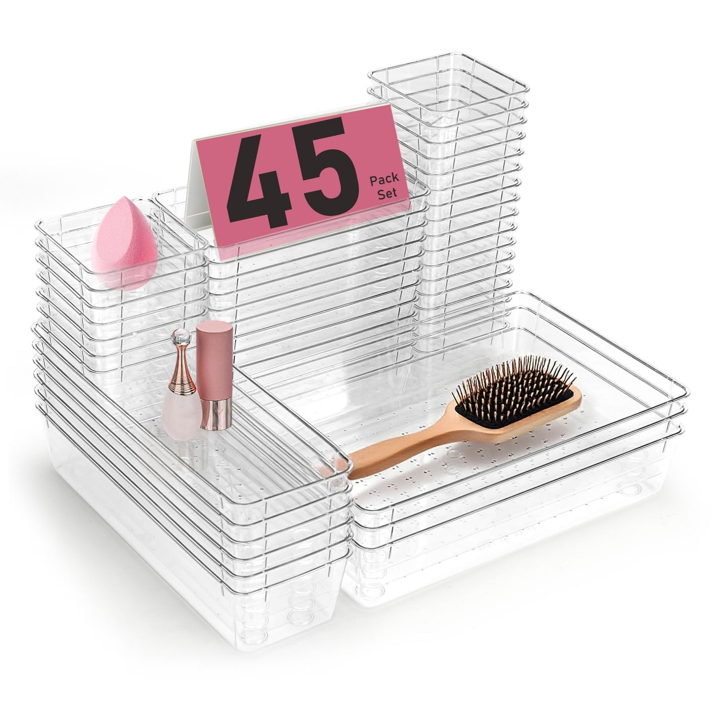 VEXTHYX Clear Plastic Drawer Organizers Set of 45 Vanity trays Stackable Storage Bins Dividers Bathroom Organiser Storage Vanity Bins for Makeup, Kitchen Utensils, Jewelries, Office