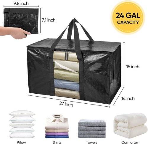 BALEINE 8-Pack Heavy-Duty Moving Bags - Oversized Storage Totes with Reinforced Handles (Black w/Window)