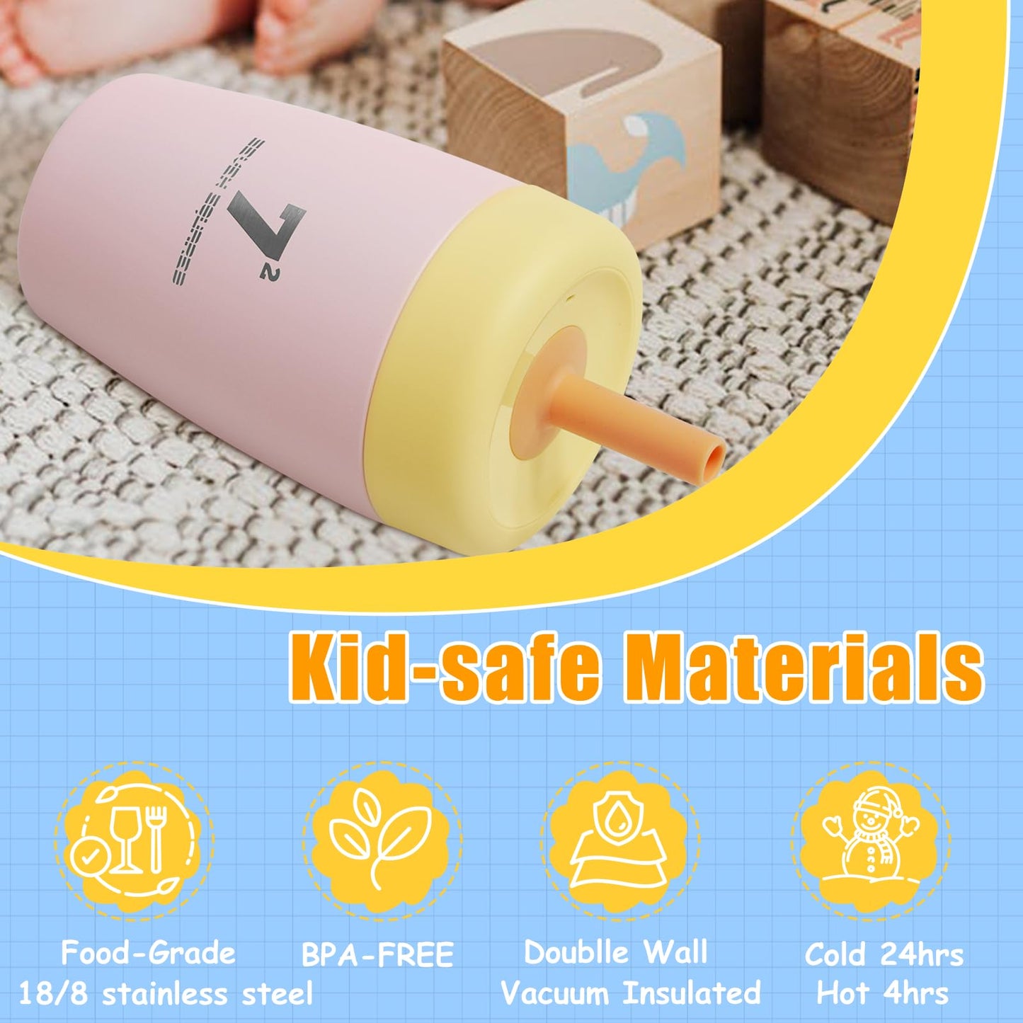 SEVEN SQUARED 72 12oz Kids Tumbler Spill Resistant with Lid and Silicone Straw, Insulated Kids Cups Stainless Steel Water Bottle, Dishwasher Safe BPA-FREE