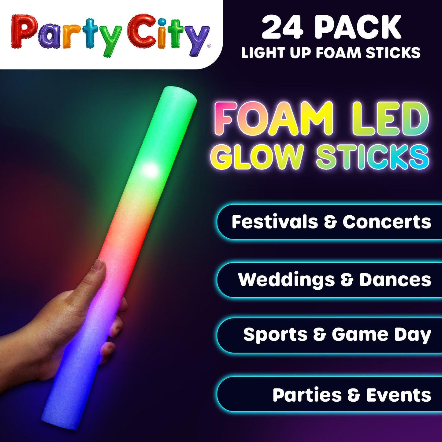 Party City 24pk LED Foam Glow Sticks 14”- Glow in the Dark Party Supplies Favors, Colorful Flashing Wand with 3 Modes, Foam Light Up Sticks Bulk Party Pack for Wedding, Birthday, Concert, Halloween