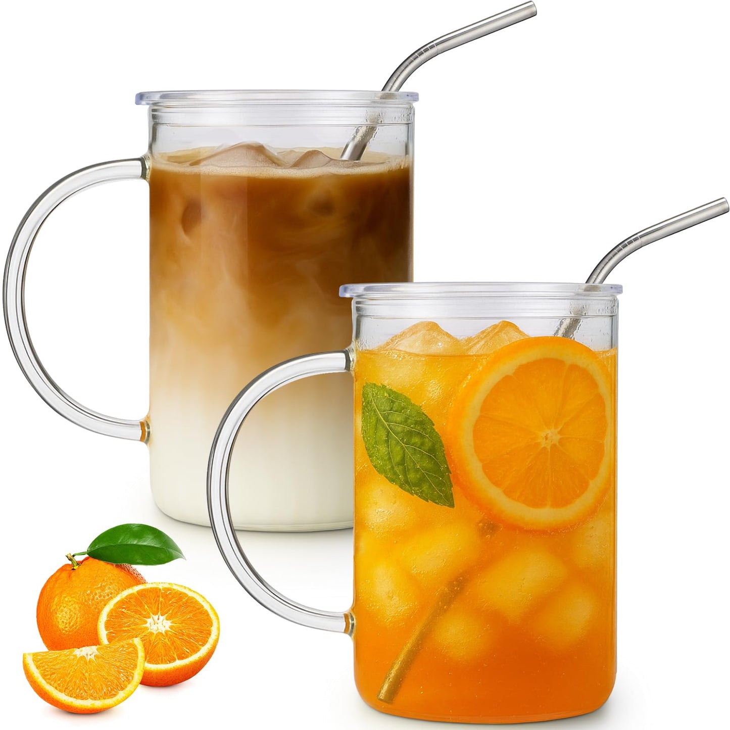 Sieral 2 Pack 33.8 oz Glass Tumbler with Straw and Lid Large Glass Cup with Handles Iced Coffee Glasses Reusable Drinking Glasses Set for Iced Coffee Smoothies Drink Juice for Birthday Valentine Gift