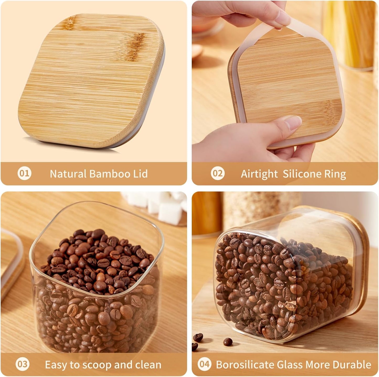 Skiennix Square Glass Food Storage Jars - BPA-Free Set of 5 for Organizing Pasta, Cookies, Nuts & More