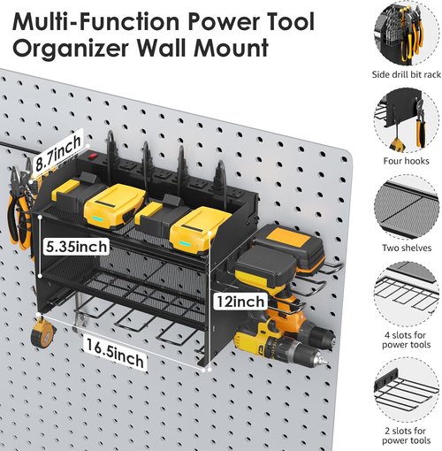 CCCEI Modular Power Tool Organizer - Wall Mount Charging Station with 8 Plug Power Strip | Heavy Duty Black Metal Shelf