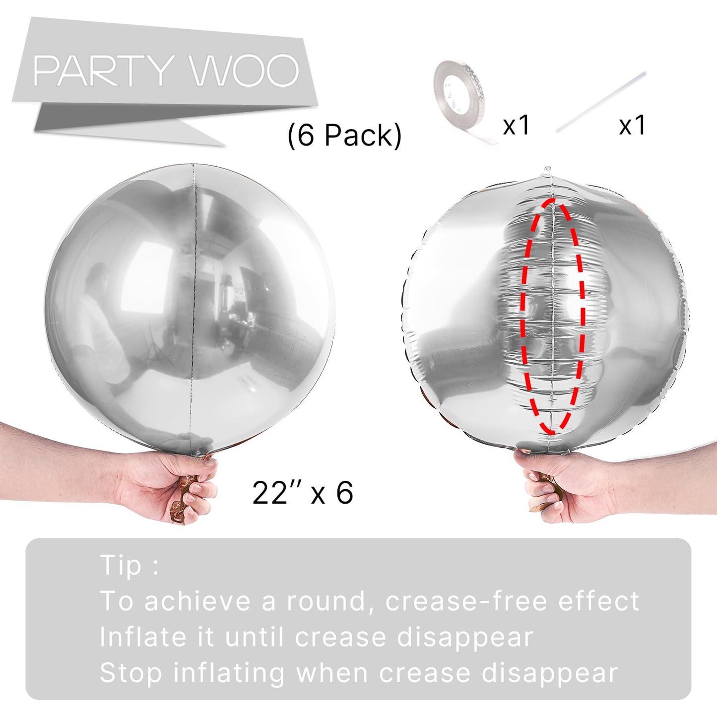 PartyWoo Metallic Silver Foil Balloons 6pcs 22 Inch Large Round Foil Big Giant 4D Jumbo Inflatable Mirror Ball Mylar Balloons for Graduation Birthday Engagement Space Themed Party Decorations