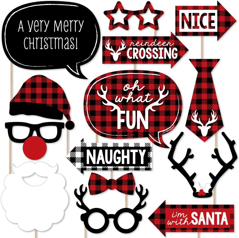 Buffalo Plaid Christmas Photo Booth Props Kit - 20 Count Holiday Decorations