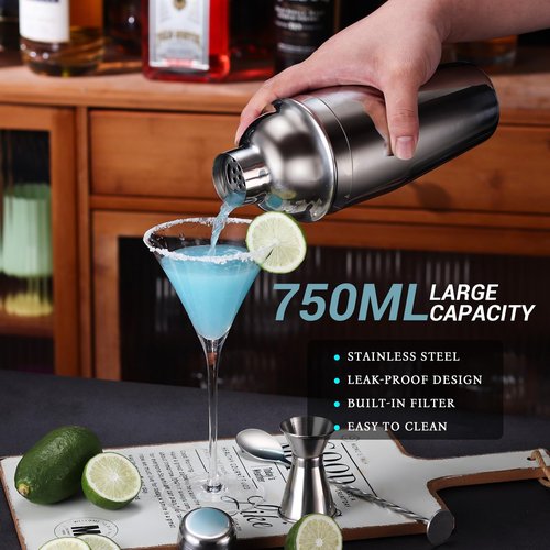 Cocktail Shaker Set Bartender Kit with Stand, 12 Piece Drink Mixer Set with Stainless Steel Bar Accessories Tools: 25oz Martini Shaker Jigger Strainer Spoon Muddler for Cocktails (Silver)