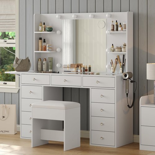 FUSOU Vanity Desk with Power Outlet, 11 Drawers Makeup Vanity with Lighted Mirror, 3 Colors Adjustable, Glass Top Vanity with Chair, 4 Shelves and Fold-up Panel, Dressing Table for Bedroom, White