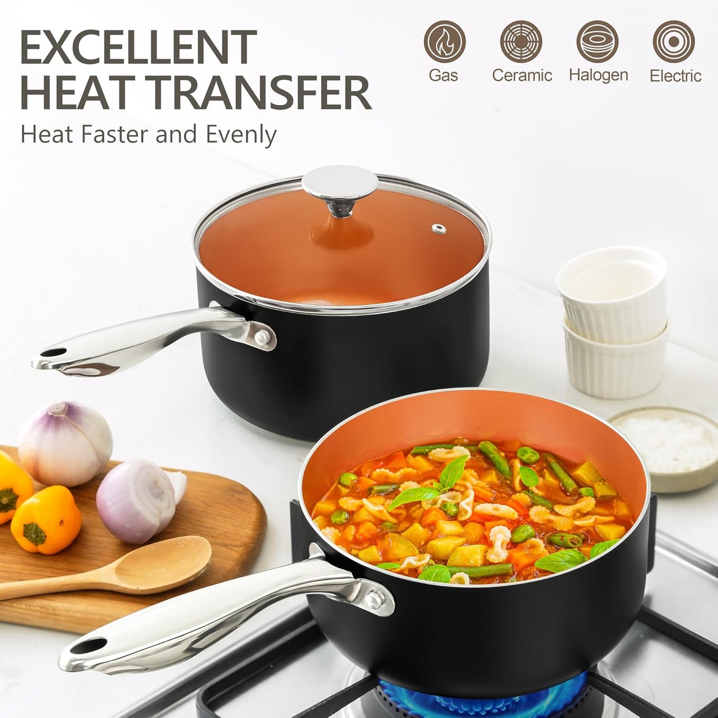 Michelangelo 1 Quart Nonstick Ceramic Saucepan with Lid - Ultra Durable Copper Finish