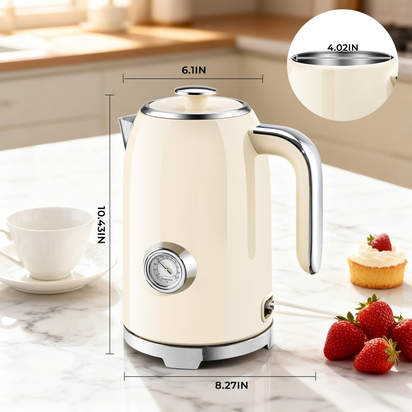 SUSTEAS Electric Kettle - 57oz Hot Tea Water Boiler with Thermometer, 1500W Fast Heating Stainless Steel Pot, Cordless LED Indicator, Auto Shut-Off & Boil Dry Protection, Red