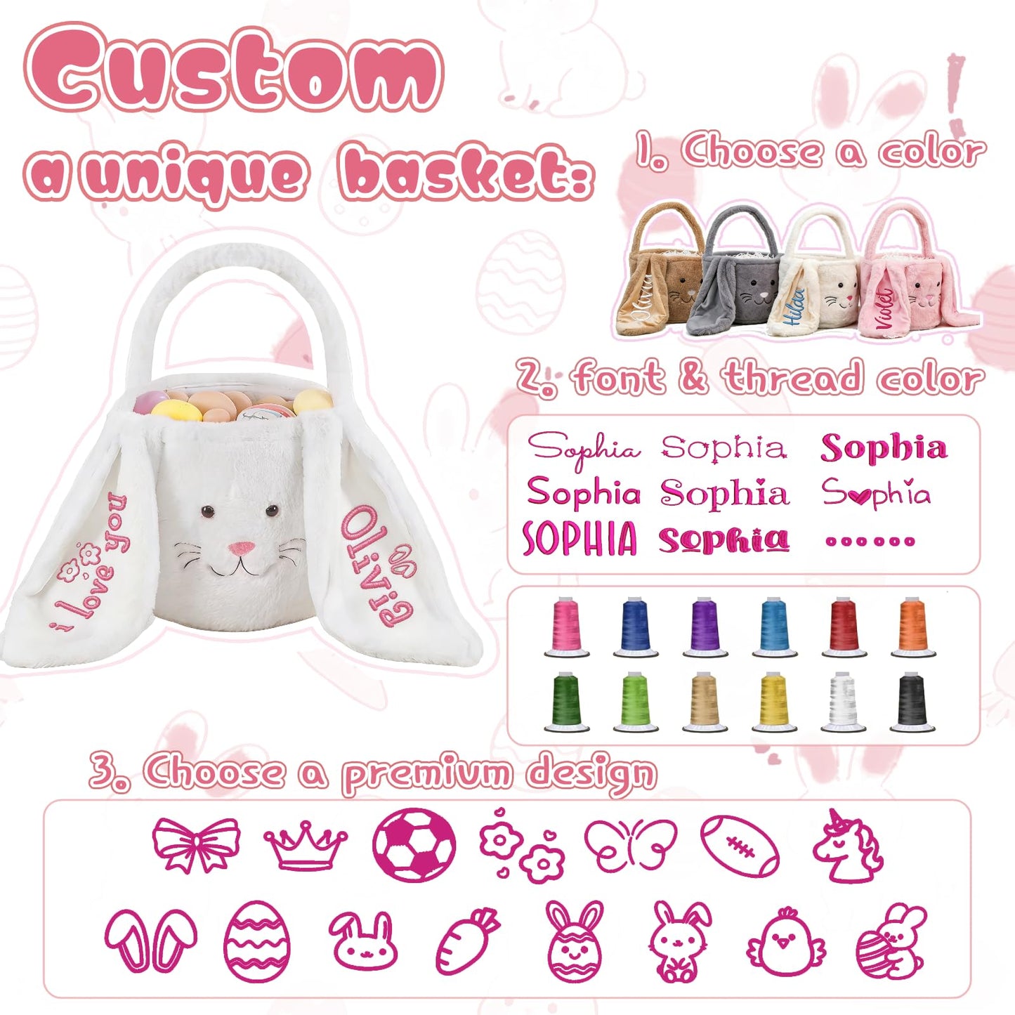 Personalized Easter Baskets for Kids, Custom Bunny Plush Bag with Name for Boys & Girls Spring Egg Hunt Tote with Long Plush Ear, Easter Gift Basket Decor Christmas Birthday Gifts