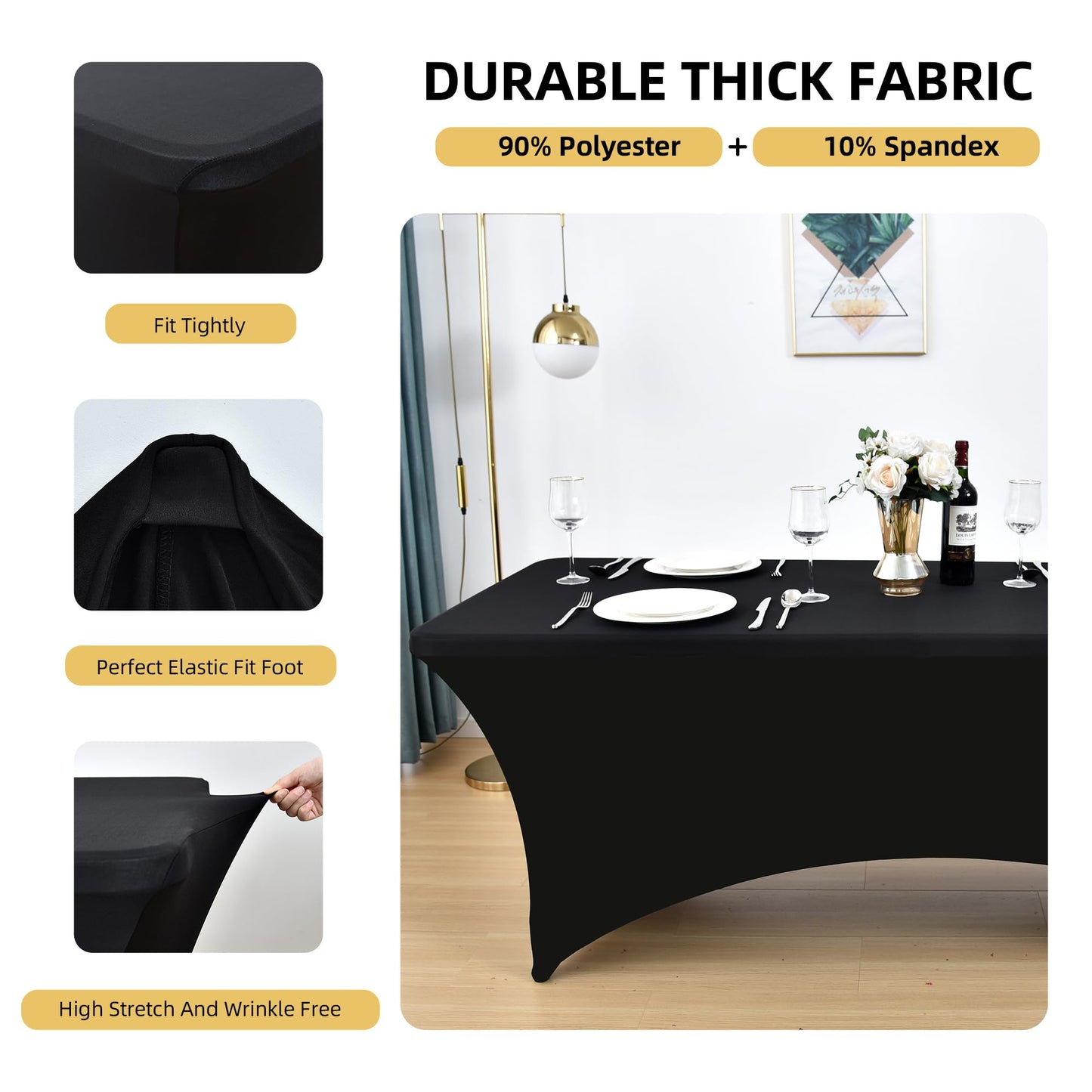 ZarzaaSik 2-Pack 4ft Black Spandex Table Covers for Rectangular Folding Tables - Wrinkle Resistant Stretch Tight Table Cloths - Ultimate Fitted Table Protector for Parties, Banquet, and Wedding