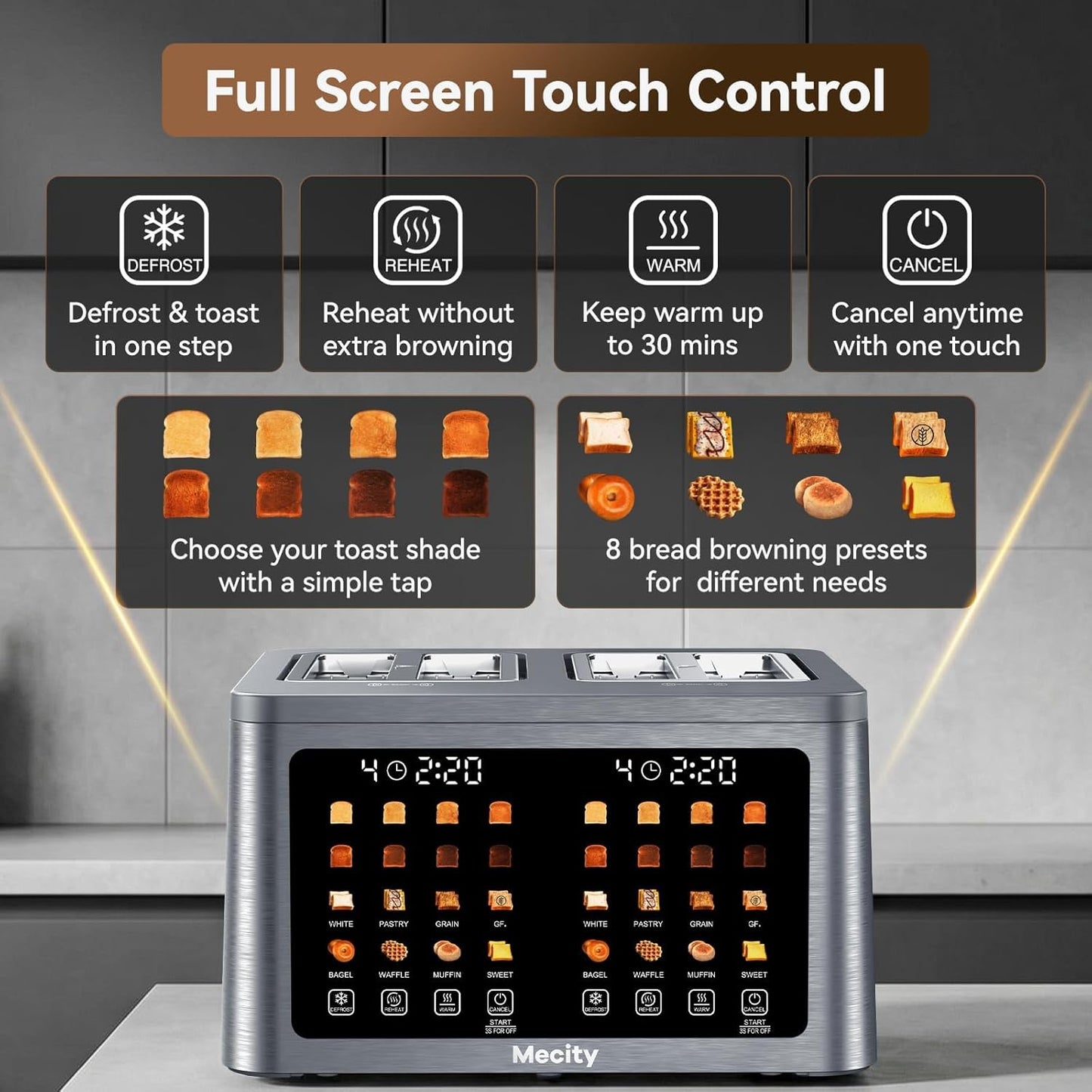 Mecity 4-Slice Toaster - Smart Touch Screen with Dual Control, Auto Shut Off & Keep Warm | Perfect for Bagels & Gluten-Free Breads