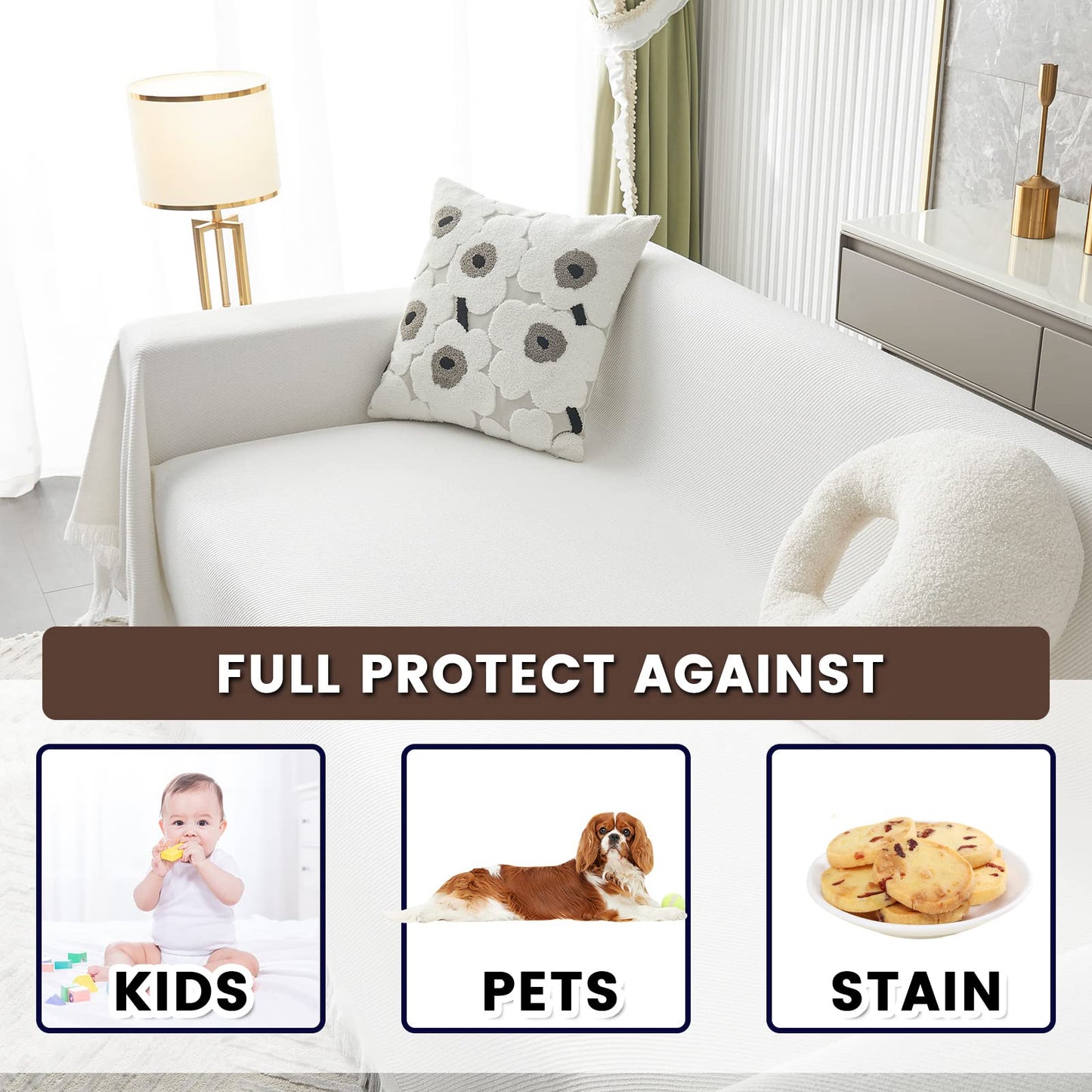 MYSKY HOME White Couch Cover for Sectional Sofa Covers for 3 Cushion Couch Sofa Protector Geometrical Sofa Slipcovers Washable Thick Fabric Blanket for Dogs, Pets (XX-Large, 91" x 134", White)
