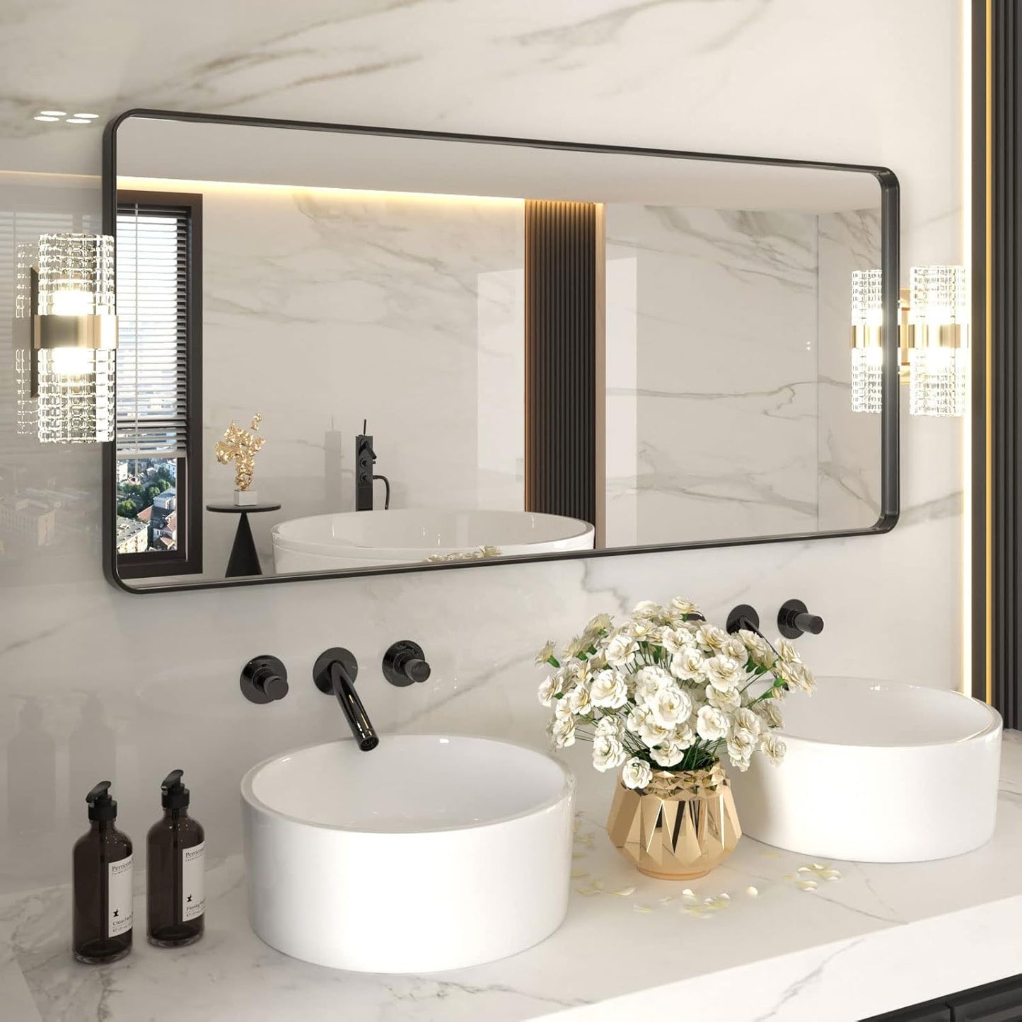 LOAAO Black Metal Framed Bathroom Mirror - 60x28 Inch Large Rounded Rectangle | Anti-Rust Tempered Glass