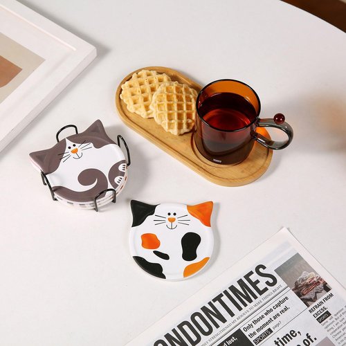 Auxmeware Coasters Set of 4, Cute Marble Cup Coaster with Holder for Drinks, Absorbent Coasters, Modern Table Coaster, Cat
