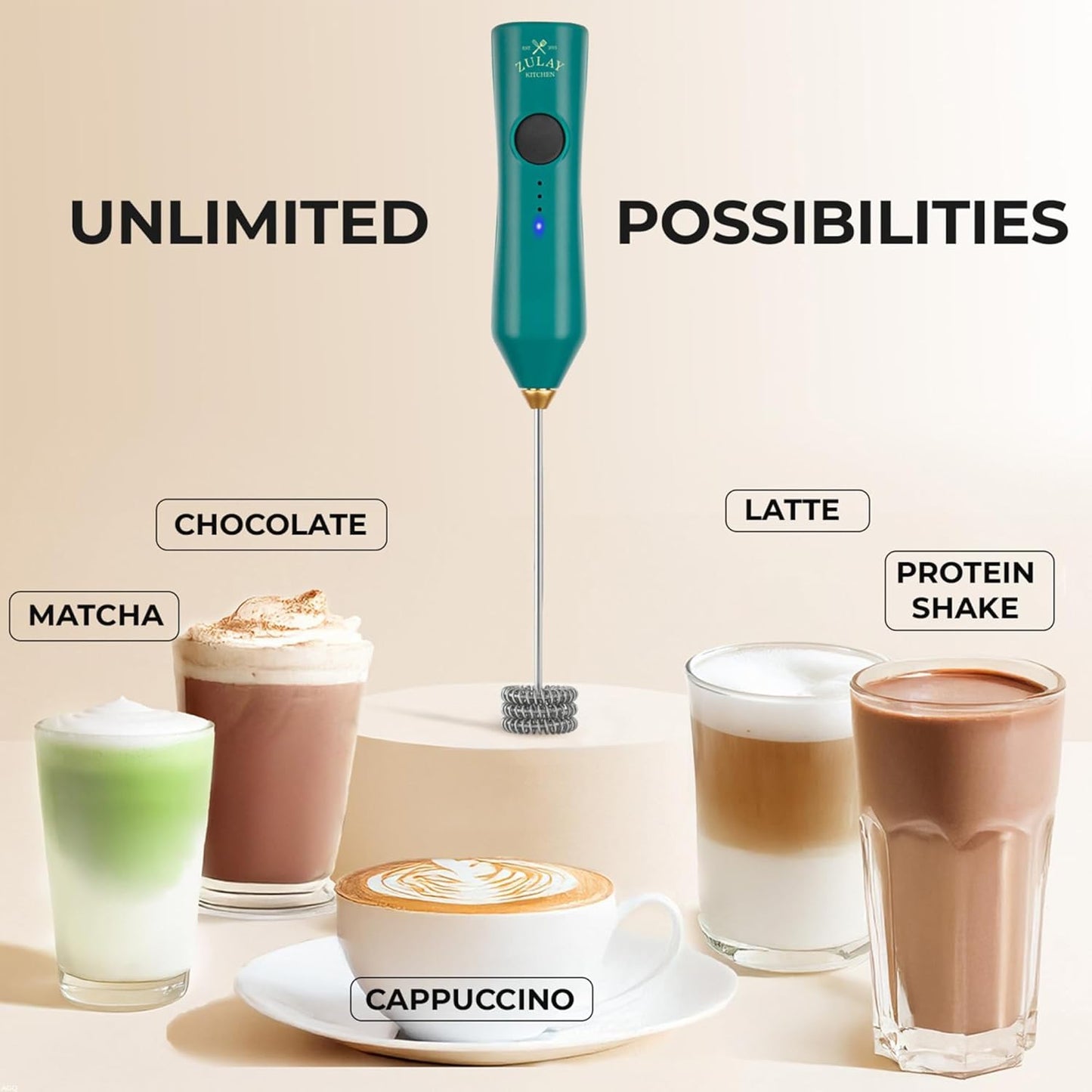 Zulay Kitchen Rechargeable Milk Frother - 3 Speeds & 3 Whisk Attachments - USB Charging for Lattes & Cappuccinos - Green Gold