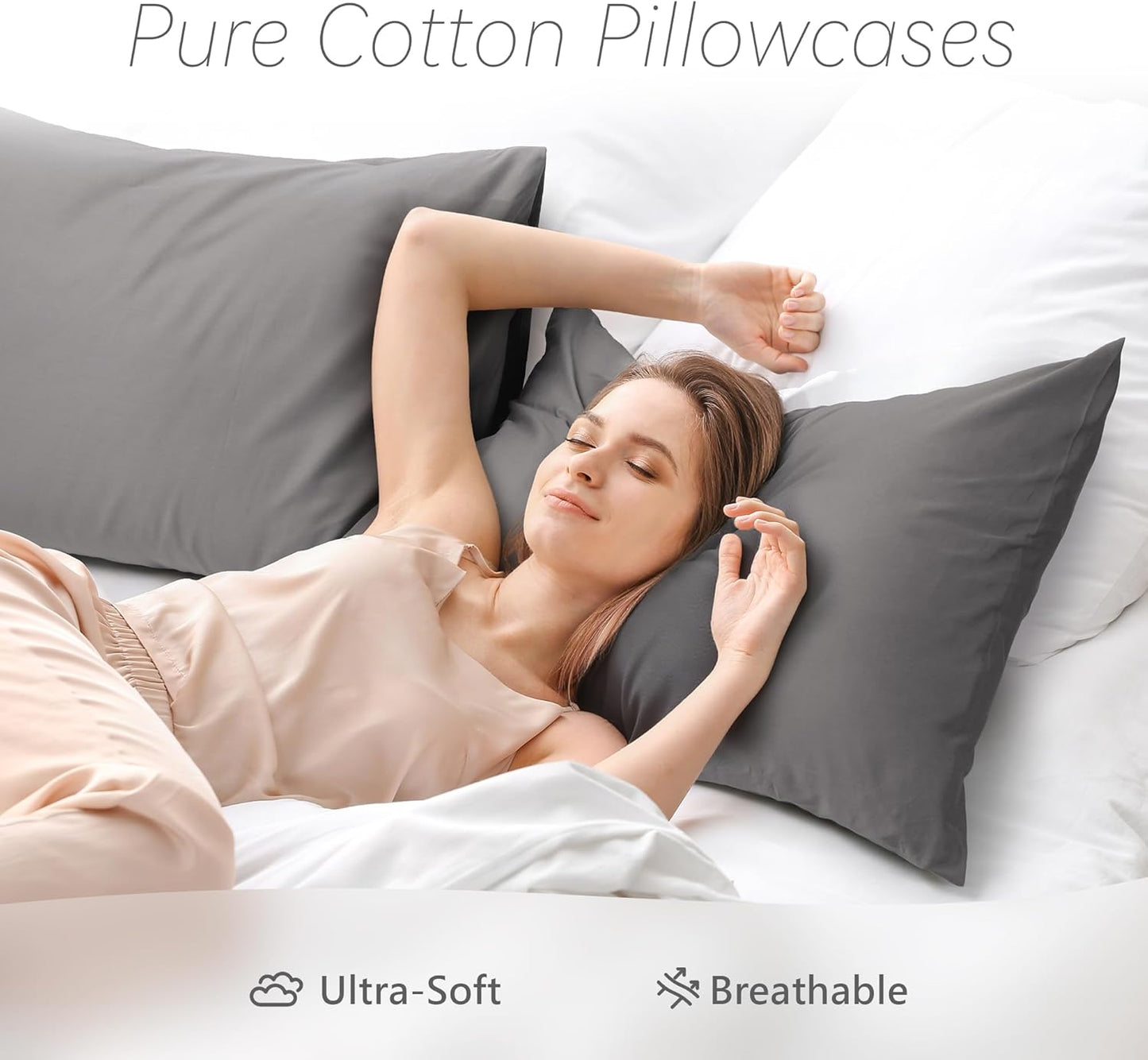 Skiennix 100% Cotton Pillowcase - Gray Queen Size with Envelope Closure | 500 Thread Count, 20x30 Inches