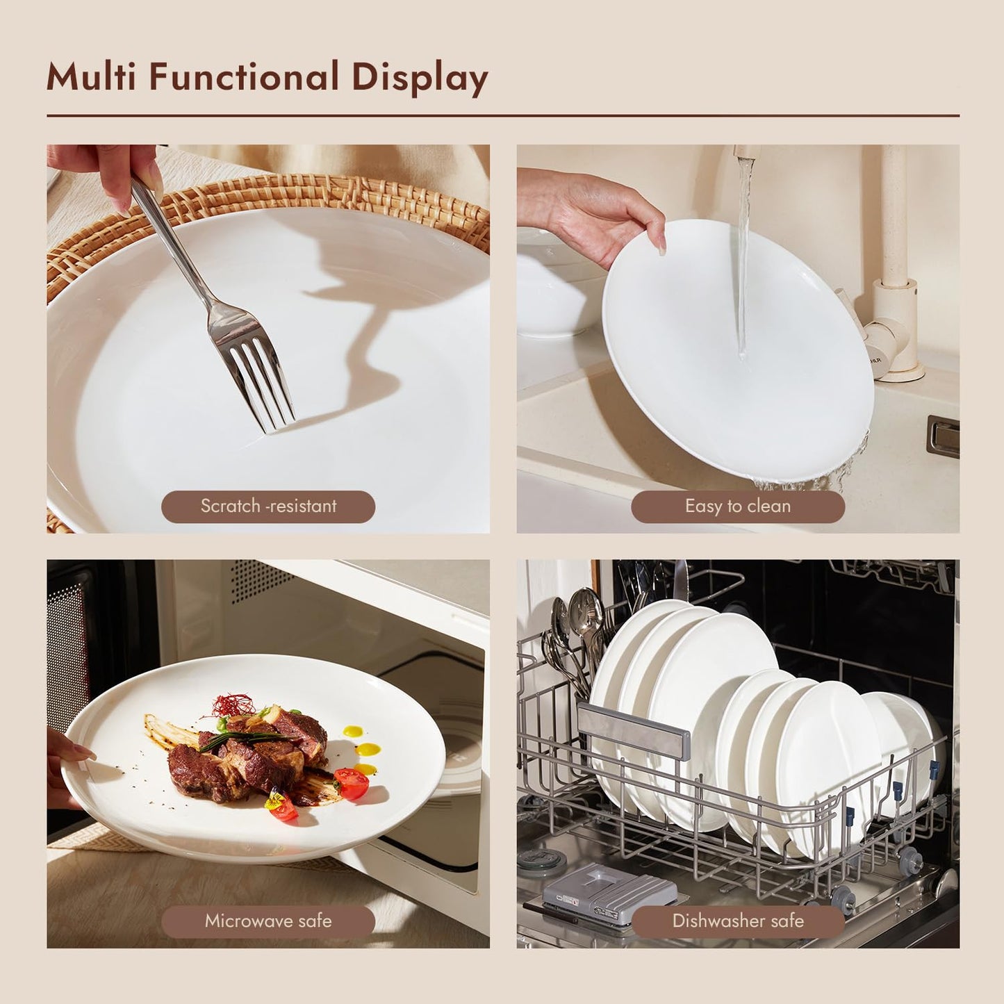 KINGSTONE 12-Piece Bone China Dinnerware Set for 4, Lightweight Porcelain Round Plates and Bowls Set, Durable Scratch Resistant Ceramic Dinner Set, Microwave & Dishwasher Safe, Ivory White