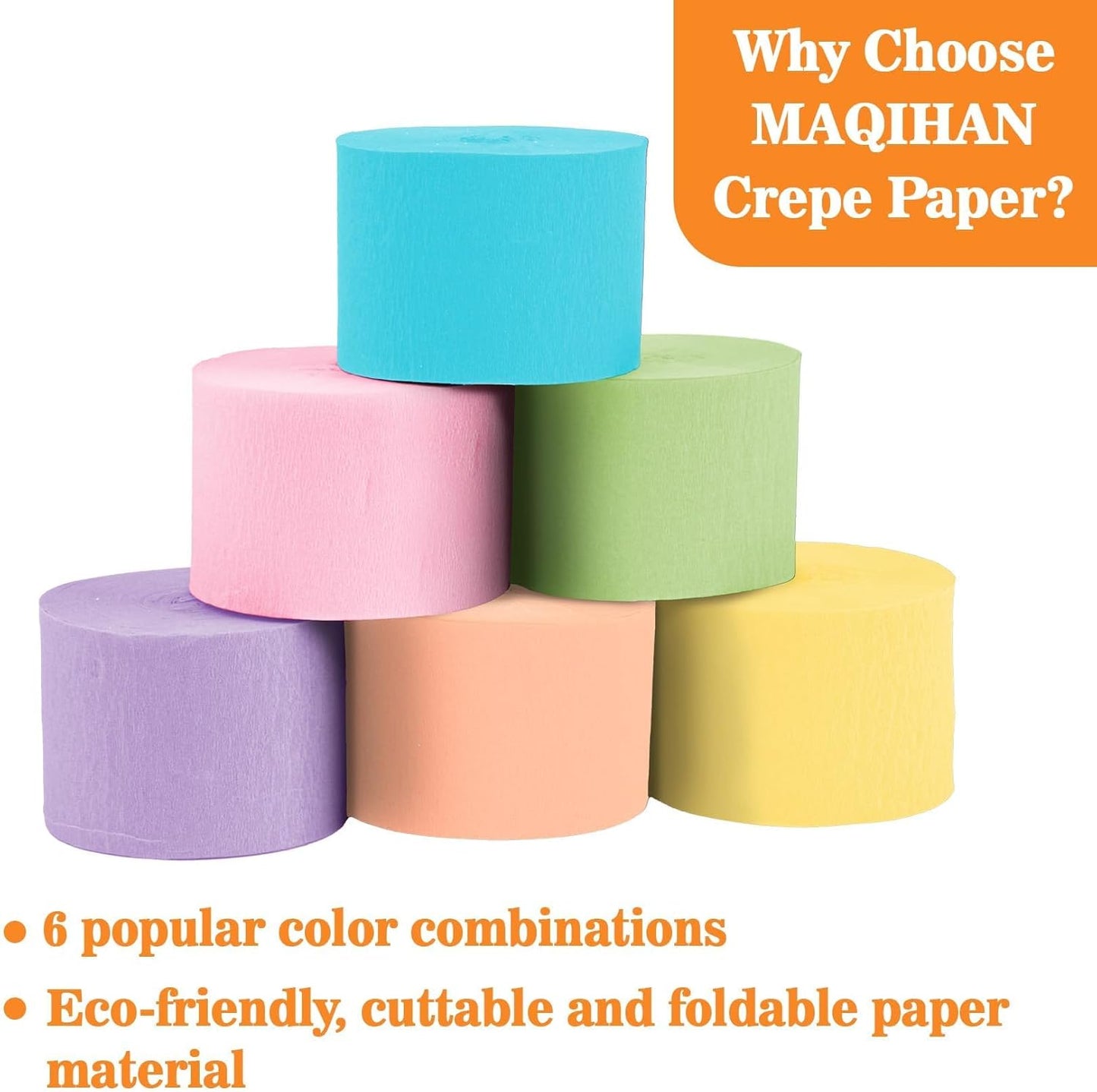 MAQIHAN Pastel Crepe Paper Streamers - 6 Rolls, 492ft for Valentine's, Easter & Birthday Decor