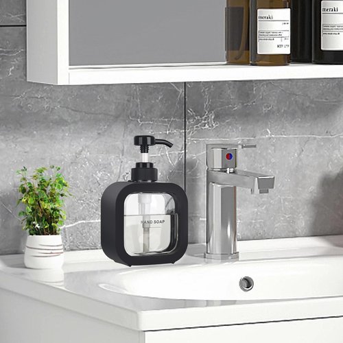 Hand & Dish Soap Dispenser - Modern Black Plastic Pump with Labels for Easy Use