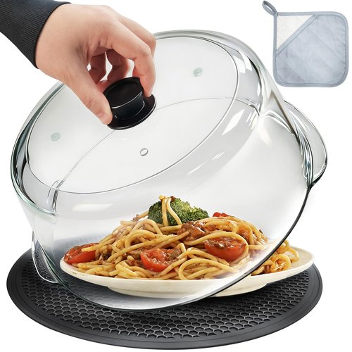 Glass Microwave Splatter Cover with Glove & Mat for Food 10in Glass Plate Cover with 4 Vents Non Plastic Microwave Cover with Easy Grip Silicone Knob BPA Free Food Grade Dishwasher Safe Heavy Duty