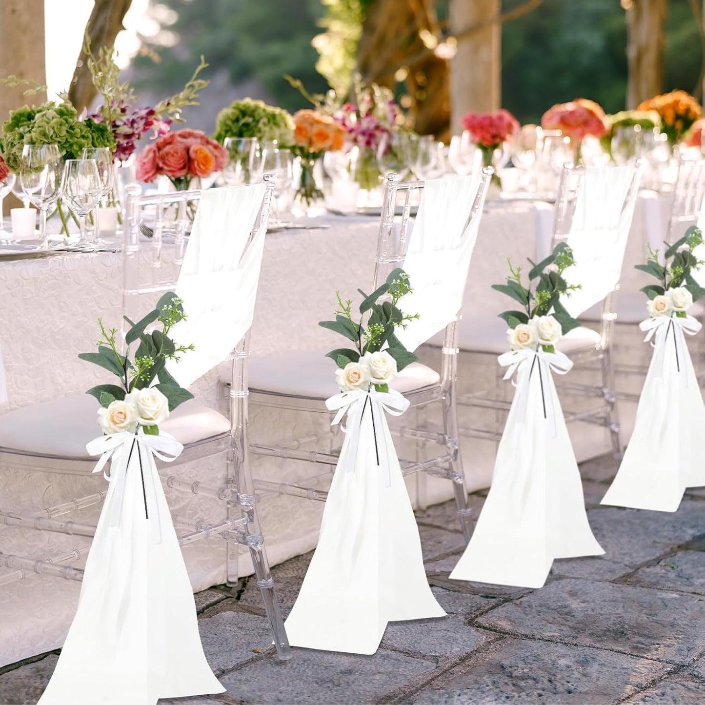 VitalCozy 24 Set Wedding Aisle Chair Decorations - Chiffon Sashes with Ribbon Bows & Eucalyptus Florals