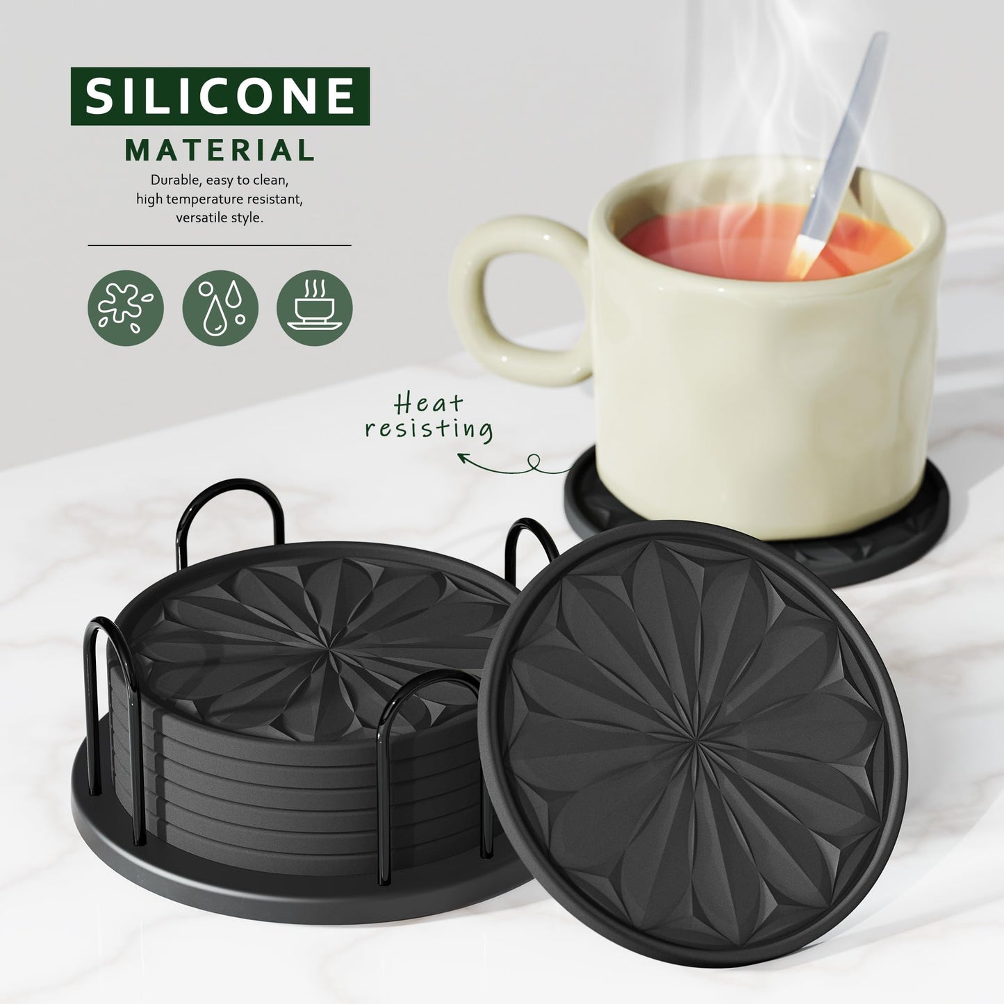 Lazebox Coasters Set of 8 for Drinks with Holder, 4" Large Silicone Coasters for Coffee Table, Deep Tray Non-Slip Drink Coasters for Table Protection, Heat Resistant & Dishwasher Safe, Black
