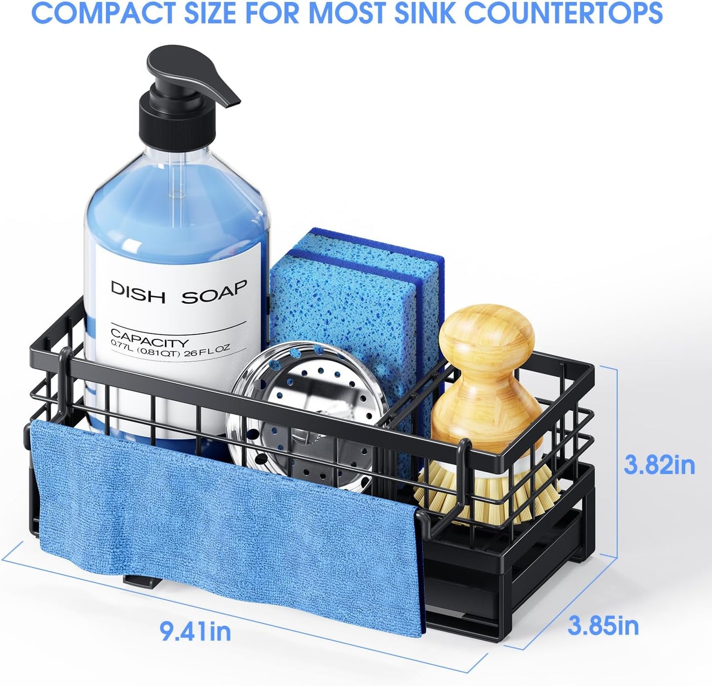 Rustproof Kitchen Sink Sponge Holder - Non-Slip Self-Draining Metal Caddy with Detachable Dish Cloth Holder | Black