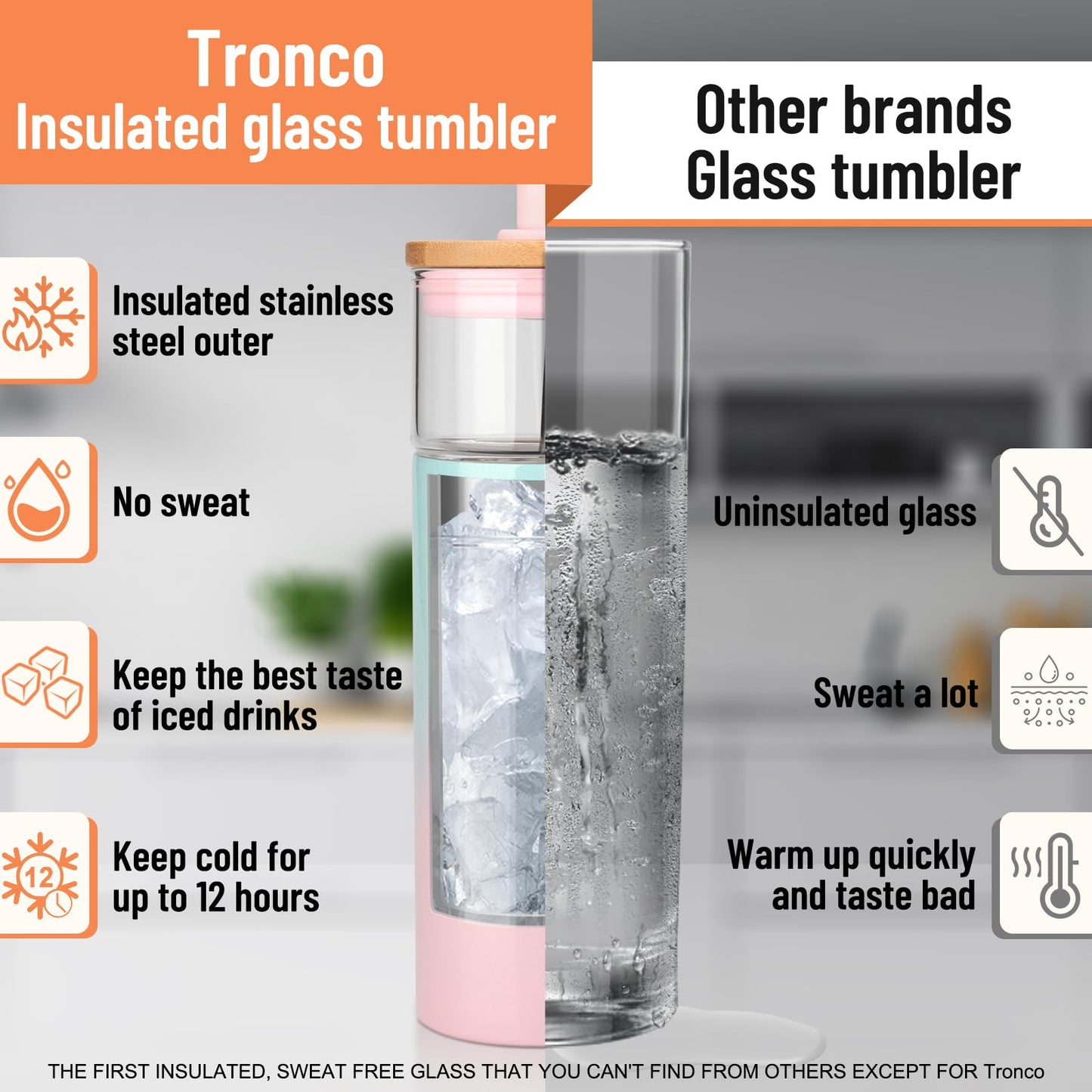 Tronco 20 oz Vacuum Insulated Glass Tumbler with Lid and Straw - Keeps Drinks Cold for 12 Hrs - Reusable Glass Cup for Iced Coffee, Smoothies & Boba - Sweat & BPA Free, Dishwasher Safe, Fit Car Holder